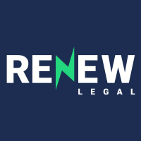 renew legal logo white and green lettermark on navy background