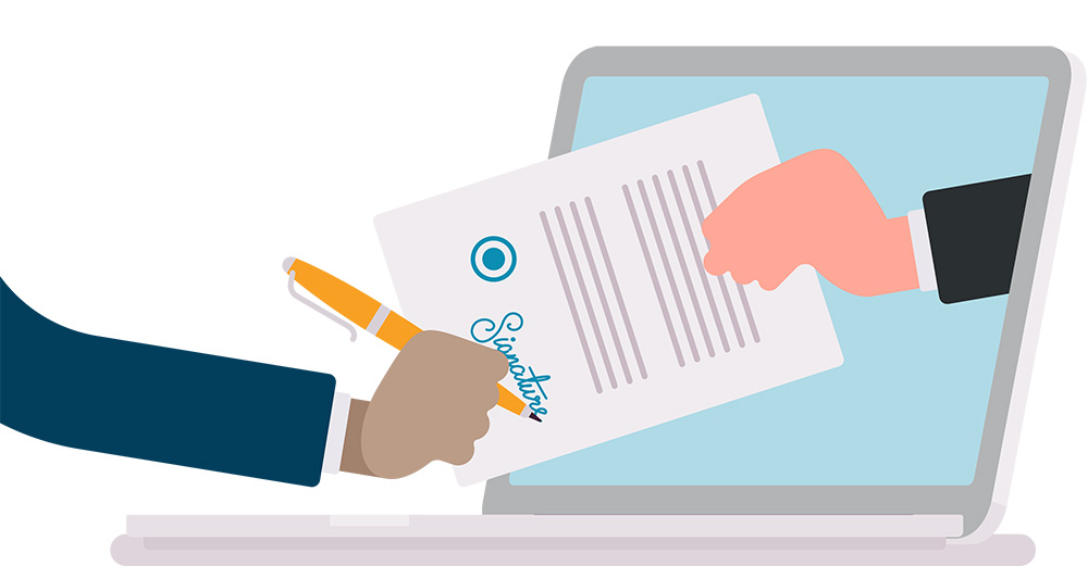 illustration of hand signing a document through a laptop screen