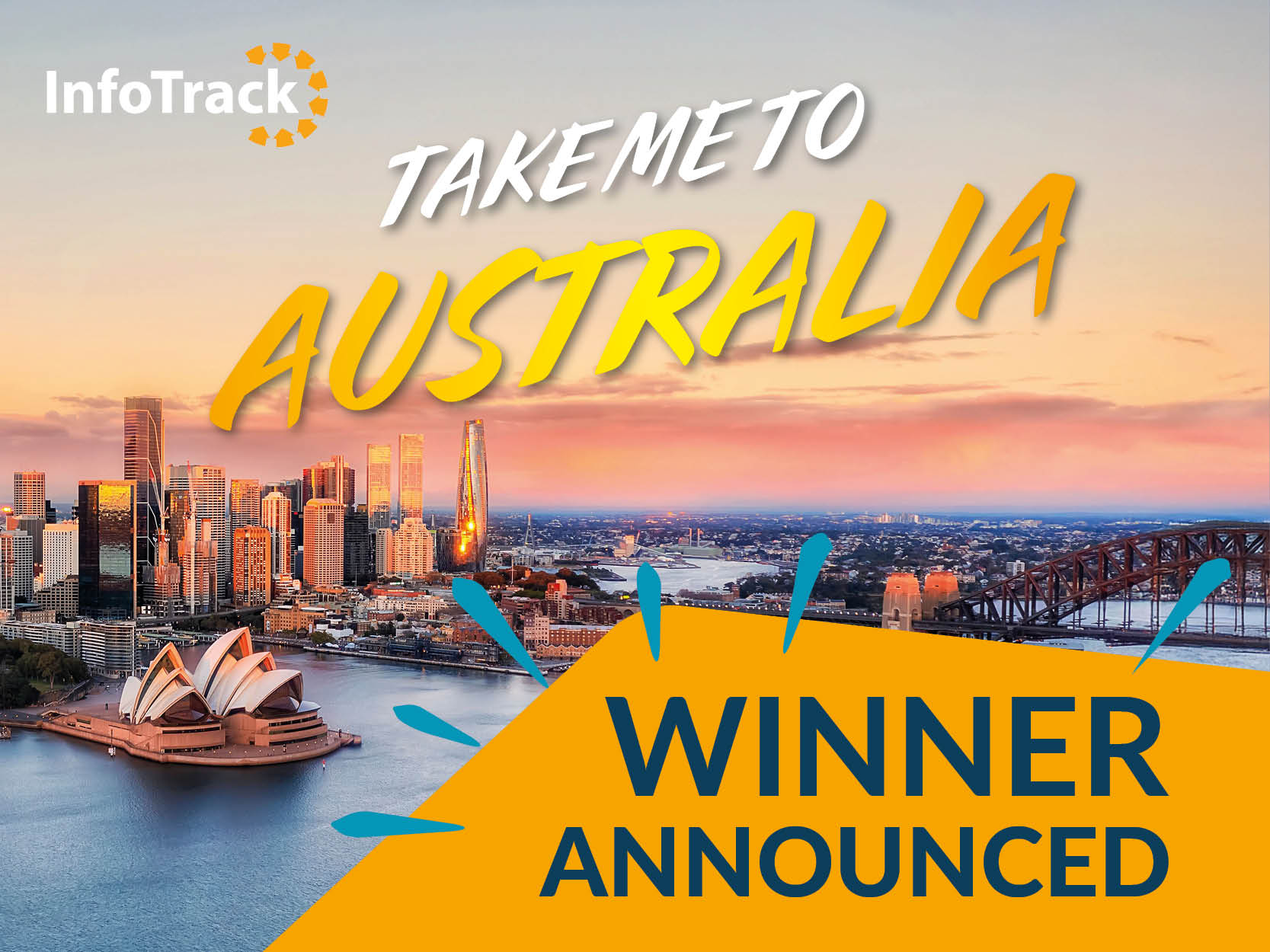 Take me to Australia promo winner banner with sydney harbour at sunset in background and 'winner announced' call out in the front right bottom corner