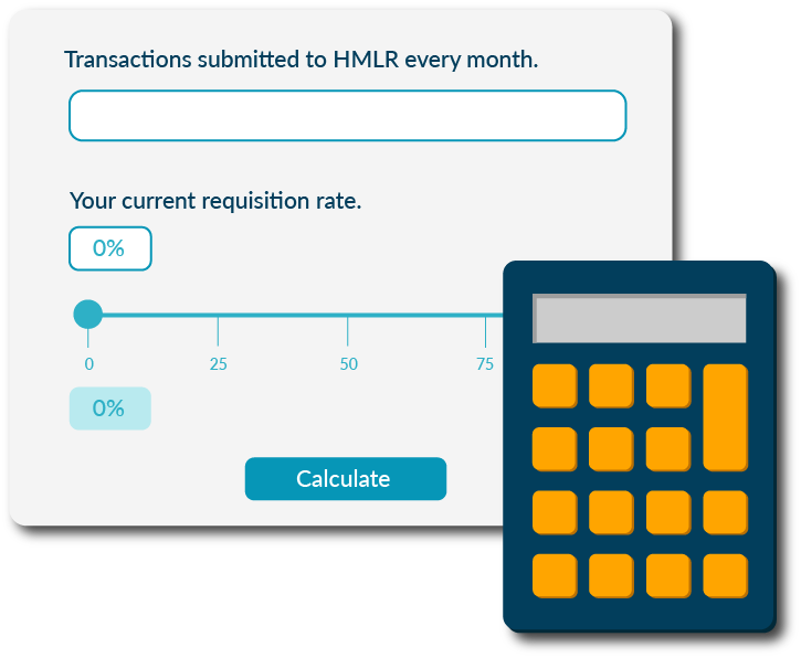 illustration of a navy calculator with orange buttons and a screen showing HMLR and requisition rates